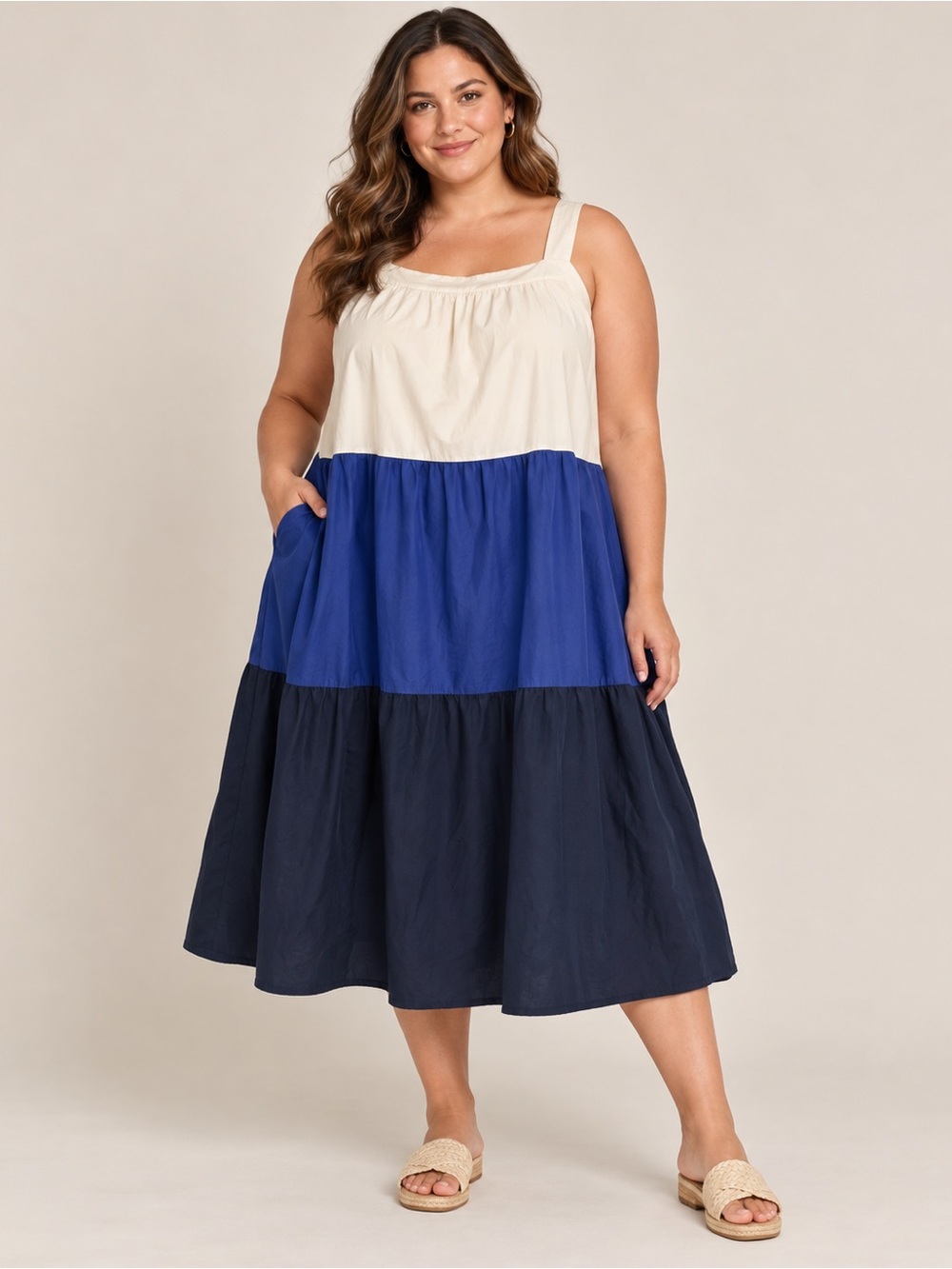 City Chic Colorblock Tiered Midi Dress in Cream, Blue & Navy